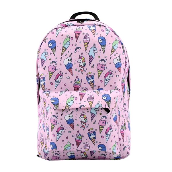 mini-sac-a-dos-licorne-enfant-1a.jpg Sac à dos rose avec motifs de cornets de glace, d'animaux et d'étoiles colorées. Bretelles réglables et poche avant visible. Idéal pour l'école ou les loisirs., 45501270655231 | Licorne Shop