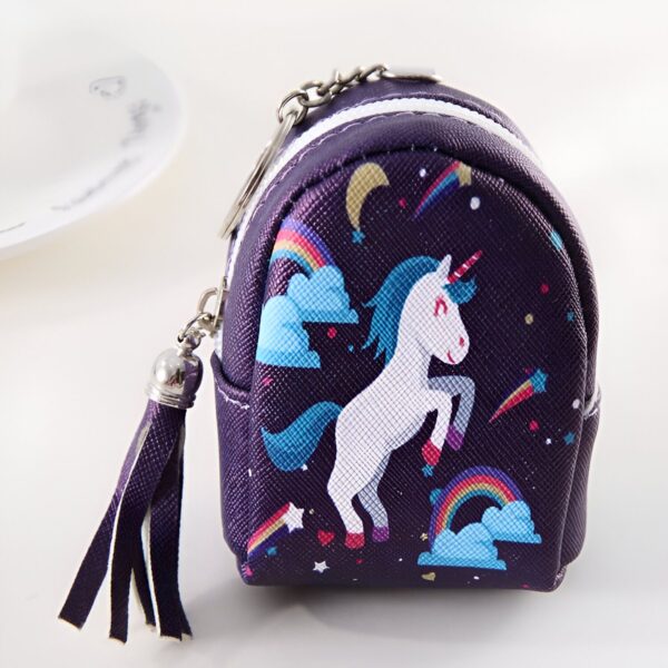 mini-sac-porte-cles-licorne-bleu-marine-1a.jpg Mini sac à dos violet avec un motif de licorne blanche, arc-en-ciel, nuages et étoiles. Il a une fermeture éclair blanche et un porte-clés à pompon violet., 45501182411007 | Licorne Shop