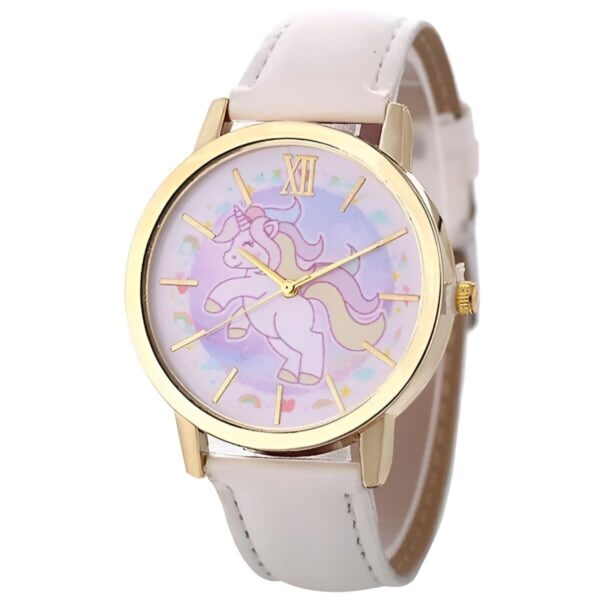 Montre pour enfant avec bracelet en cuir blanc et cadran doré orné d'un motif licorne fantaisie. Accessoire mignon pour les jeunes filles., 45501318660351 | Licorne Shop