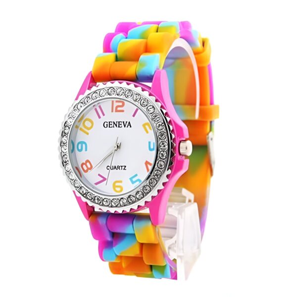 montre-enfant-licorne-et-arc-en-ciel-1a.jpg Montre Geneva quartz colorée, bracelet multicolore, boîtier rose et cadran blanc avec chiffres. Bordure brillante., 45501845012735 | Licorne Shop