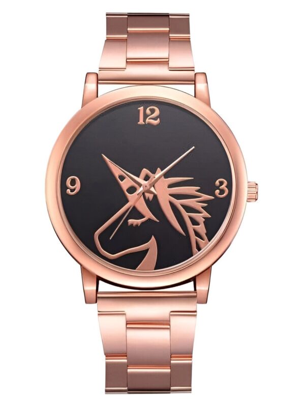 montre-fantaisie-doree-licorne-rose-pour-femme-1a.jpg Montre-bracelet unisexe en or rose avec cadran noir et motif de dragon doré. Affichage analogique avec chiffres 12, 3 et 9., 45501318594815 | Licorne Shop