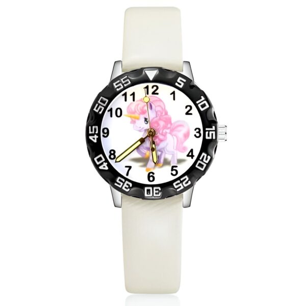 Montre pour enfants avec un bracelet blanc et un cadran rond. Le cadran affiche un motif d'unicorne rose et blanc., 45501127852287 | Licorne Shop