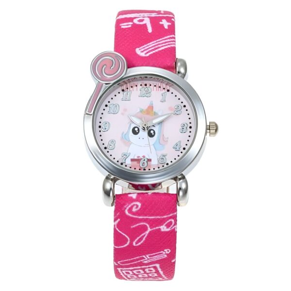 Montre pour enfant rose à motif licorne et sucette, bracelet imprimé avec additions, soustractions et calculatrices. Accessoire de mode ludique pour apprendre l'heure en s'amusant., 45501320265983 | Licorne Shop