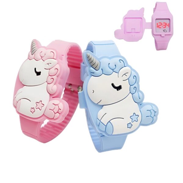 Deux montres en silicone rose et bleu avec un motif de licorne. Les montres ont un cadran numérique et un bracelet réglable.