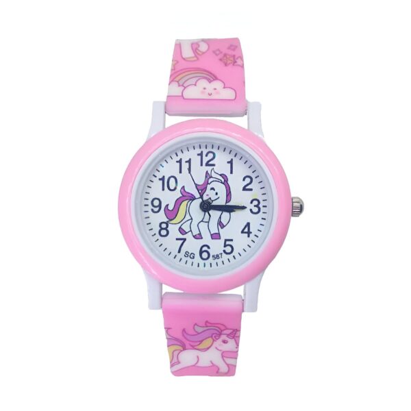 Montre pour enfant rose avec des motifs de licornes et d'arc-en-ciel sur le bracelet et un dessin de licorne sur le cadran, idéale pour apprendre l'heure de manière ludique. Accessoire mignon et éducatif pour les petites filles., 45501320364287 | Licorne Shop