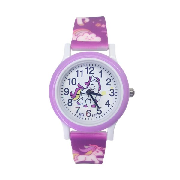 Montre pour enfant avec un motif de licorne sur le cadran et le bracelet. Bracelet violet avec des nuages et des arcs-en-ciel. Montre éducative pour apprendre l'heure. Accessoire mignon pour les enfants., 45501323510015 | Licorne Shop