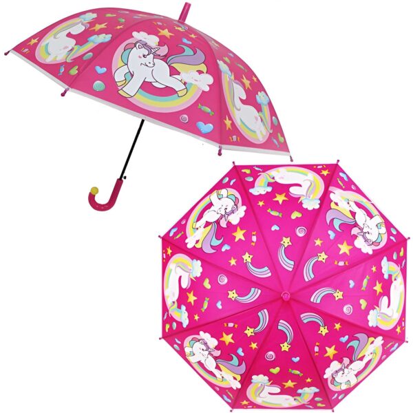 parapluie-automatique-licorne-pour-enfant-prim-1a.jpg Parapluie rose avec motifs de licornes, d'arcs-en-ciel et d'étoiles. Deux vues du parapluie : ouvert et fermé. Accessoire de mode pour enfants, thème féerique et coloré., 45501180772607 | Licorne Shop
