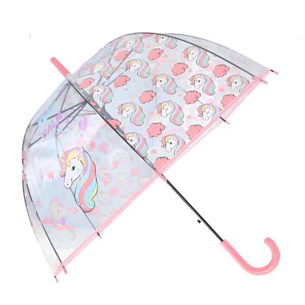 parapluie-bulle-automatique-licorne-prim-1a.jpg Parapluie transparent pour enfants avec des motifs de licornes et de nuages roses, poignée et bordure roses., 45501180805375 | Licorne Shop