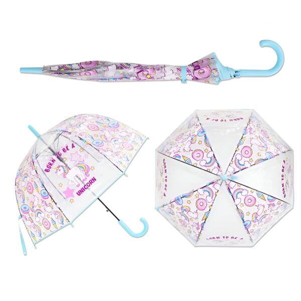 parapluie-bulle-enfant-licorne-1a.jpg Parapluie transparent pour enfant avec motif licorne, présenté fermé, ouvert de côté et vu du dessus. Poignée et bordure bleu clair., 45501167436031 | Licorne Shop