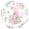 parapluie-cloche-licorne-pastel-1a.jpg Image d'un motif d'aquarelle présentant une licorne à la crinière rose entourée de fleurs. Le fond est blanc., 45501179363583 | Licorne Shop