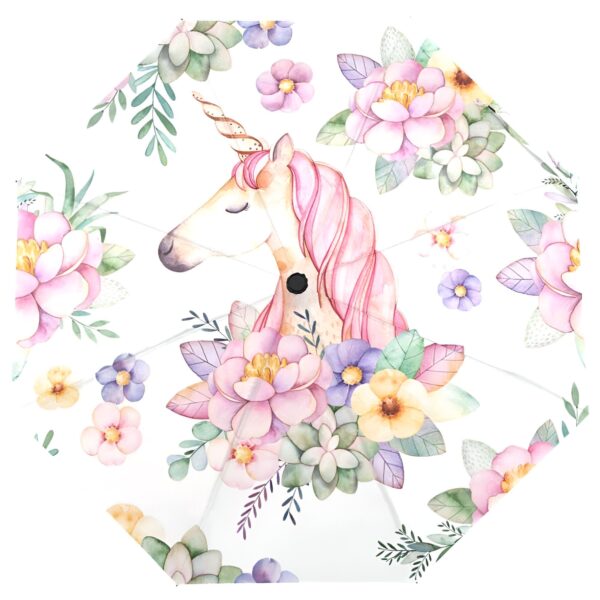 parapluie-cloche-licorne-pastel-1a.jpg Image d'un motif d'aquarelle présentant une licorne à la crinière rose entourée de fleurs. Le fond est blanc., 45501179363583 | Licorne Shop