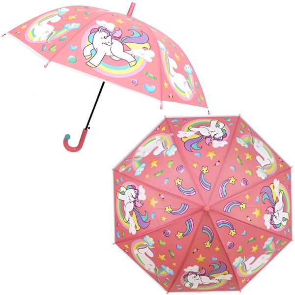 parapluie-colore-licorne-pour-enfants-1a.jpg Parapluie rose avec motifs d'unicorne, nuages, étoiles et arc-en-ciel. Vue de côté ouvert et vue du dessus fermé. Accessoire de mode enfantin., 45501167304959 | Licorne Shop