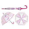 Ensemble de trois parapluies transparents pour enfants, avec motifs d'unicorne, arc-en-ciel, beignes et étoiles roses, un fermé, un ouvert vu de côté et un ouvert vu de dessus., 45501181395199 | Licorne Shop