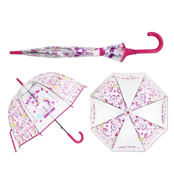 parapluie-enfant-licorne-motif-amazonien-1a.jpg Ensemble de trois parapluies transparents pour enfants, avec motifs d'unicorne, arc-en-ciel, beignes et étoiles roses, un fermé, un ouvert vu de côté et un ouvert vu de dessus., 45501181395199 | Licorne Shop