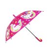 parapluie-enfant-licorne-rose-1a.jpg Parapluie rose vif avec des motifs de licornes, d'étoiles, de cœurs et d'arcs-en-ciel, parfait pour les enfants. Manche courbé rouge et embout jaune., 45501180543231 | Licorne Shop