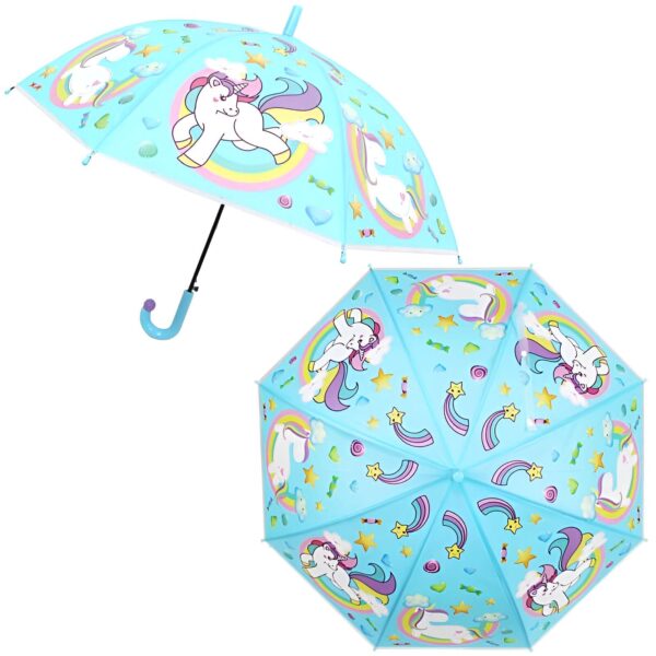 parapluie-enfant-licorne-unicorn-umbrella-1a.jpg Parapluie bleu clair avec motif de licornes et arc-en-ciels. Vu de côté ouvert et de face fermé. Style enfantin, couleurs vives. Accessoire de pluie pour enfants., 45501181067519 | Licorne Shop