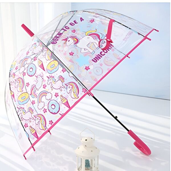Parapluie transparent avec motifs d'unicorne, de beignets et d'arcs-en-ciel. Bords et poignée roses. Idéal pour les enfants, accessoire de mode fantaisiste et ludique., 45501178773759 | Licorne Shop