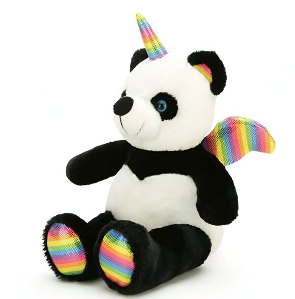 peluche-licorne-panda-avec-ailes-arc-en-ciel-1a.jpg Peluche panda noir et blanc avec corne et ailes arc-en-ciel, pattes à rayures colorées. Jouet fantaisie, décoration chambre d'enfant., 45501421420799 | Licorne Shop