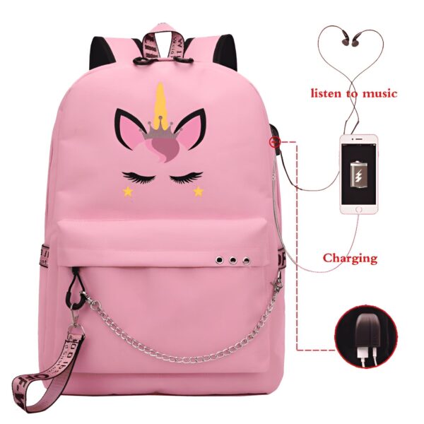 porte-cles-licorne-paillete-pour-sac-a-dos-1a.jpg Sac à dos rose avec motif licorne, port USB pour charger un téléphone et écouteurs pour écouter de la musique. Accessoires de mode pour enfants et adolescents., 45501151740159 | Licorne Shop