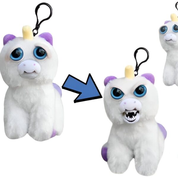 Peluche licorne Feisty Pets, mignonne puis en colère. Pendentif de porte-clés avec une expression faciale changeante. Idée de cadeau amusante pour les enfants et les adultes qui aiment les jouets originaux. Transforme l'adorable peluche en une créature grincheuse en pressant derrière les oreilles., 45501157802239 | Licorne Shop