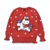 Pull rouge pour enfant avec motif de lapin sur une licorne, entouré de petits cœurs blancs. Détails à volants aux poignets., 45502211162367,45502211195135,45502211227903,45502211260671,45502211293439,45502211326207,45502211358975,45502211391743 | Licorne Shop