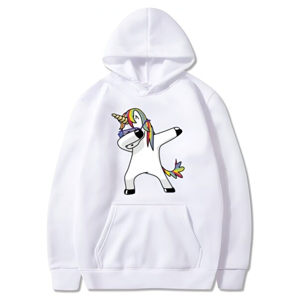 pull-licorne-adulte-unisexe-blanc-1a-1.jpg Une illustration d'une licorne blanche avec une crinière arc-en-ciel, des lunettes de soleil et qui fait un dab.