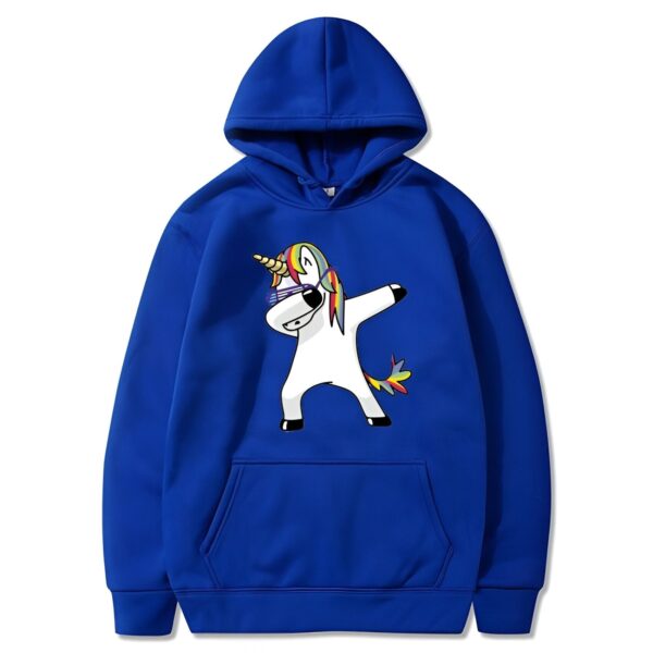 pull-licorne-adulte-unisexe-bleu-1a.jpg Une illustration d'une licorne bleue avec une crinière arc-en-ciel qui fait le dab.
