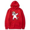 pull-licorne-adulte-unisexe-rouge-1a.jpg Une illustration d'une licorne dansant le dab. La licorne est blanche avec une crinière et une queue arc-en-ciel. Elle porte des lunettes de soleil et un sweat à capuche rouge.