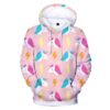 Le sweat à capuche rose est orné d'un motif de licornes et d'éclairs. Les licornes ont une crinière et une queue bleues et roses. Les éclairs sont jaunes.