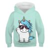 pull-licorne-vert-1a.jpg Une illustration d'une licorne blanche avec une crinière et une queue bleues. La licorne porte des lunettes de soleil roses et a une corne arc-en-ciel. Elle est sur un fond vert menthe.