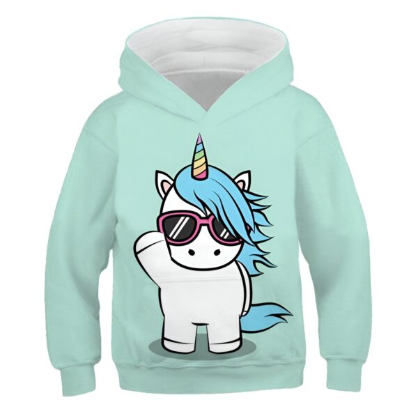 pull-licorne-vert-1a.jpg Une illustration d'une licorne blanche avec une crinière et une queue bleues. La licorne porte des lunettes de soleil roses et a une corne arc-en-ciel. Elle est sur un fond vert menthe.
