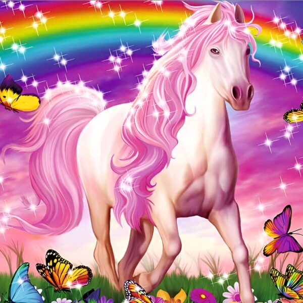 puzzle-1000-pieces-licorne-dans-la-foret-amazonienne-1a.jpg Image d'un cheval rose et blanc avec une crinière rose, entouré de papillons et de fleurs, sous un arc-en-ciel scintillant. Illustration fantastique pour enfants., 45501393567999 | Licorne Shop