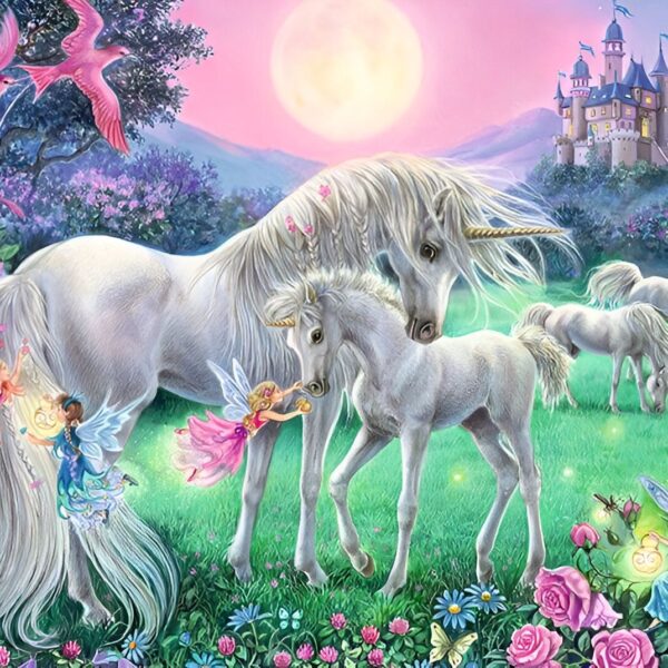 puzzle-feerique-avec-licornes-et-arc-en-ciel-1a.jpg Image féérique montrant des licornes blanches dans un paysage enchanteur. On y voit des fées, des oiseaux roses, un château et une pleine lune dans un cadre de fleurs colorées et de verdure luxuriante., 45501393043711 | Licorne Shop