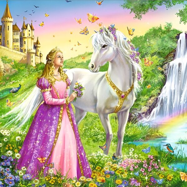 puzzle-licorne-et-princesse-pour-enfants-1a.jpg Une princesse blonde en robe rose et violette avec une licorne blanche, un château et une cascade dans un paysage féerique rempli de fleurs, d'oiseaux et de papillons. Un arc-en-ciel est visible près de la cascade., 45501394026751 | Licorne Shop