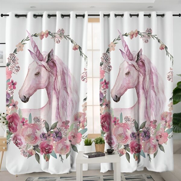 Rideaux blancs avec motif de licorne rose et couronne de fleurs aquarelle. Décoration intérieure féérique et romantique pour chambre d'enfant. Style bohème chic., 45501076963583 | Licorne Shop