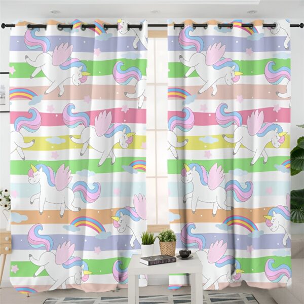 Rideaux avec motif de licornes ailées, arcs-en-ciel et rayures colorées. Décoration pour chambre d'enfant., 45501076832511 | Licorne Shop
