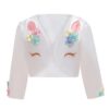robe-deguisement-licorne-orange-fille-2a.jpg Une veste blanche en satin pour enfant avec des oreilles de lapin, des fleurs et des perles.