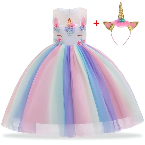 Robe de princesse licorne pour enfant avec tutu arc-en-ciel et bandeau assorti. Costume fantaisie pour fête d'anniversaire ou carnaval. Déguisement féérique., 45502409015551,45502409048319,45502409081087,45502409113855,45502409146623,45502409179391,45502409212159,45502409244927 | Licorne Shop
