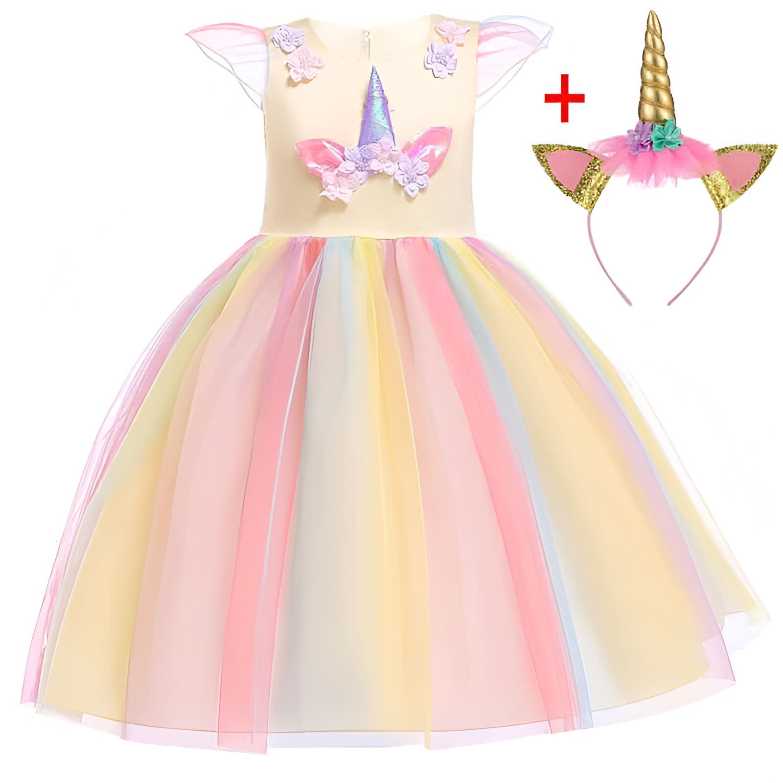 Robe de princesse licorne avec jupe arc-en-ciel et corsage orné. Un serre-tête assorti avec une corne dorée et des oreilles brillantes complète le costume féerique, idéal pour les fêtes et le carnaval., 45502411243775,45502411374847,45502411473151,45502411571455,45502411669759,45502411735295,45502411800831,45502411899135 | Licorne Shop