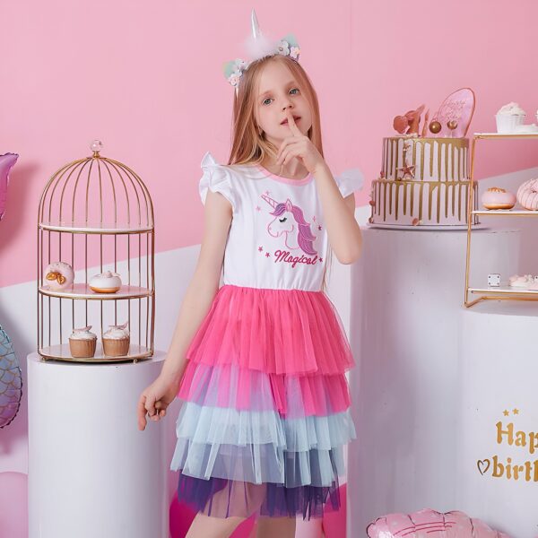Une petite fille porte une robe blanche à motif licorne avec un tutu rose, bleu et violet. Elle a un serre-tête avec une corne de licorne et des oreilles de lapin. Elle fait silence avec son doigt sur la bouche. Il y a des décorations de fête d'anniversaire avec des ballons, des cupcakes et des cadeaux.