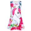 robe-licorne-enfant-petit-poney-1a.jpg Une robe blanche à motif de licorne rose et de papillons multicolores.