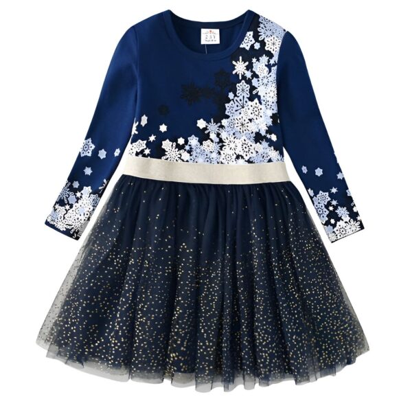 robe-licorne-feerique-pour-bebe-fille-1a.jpg Robe de fille bleu marine à manches longues avec motif de flocons de neige blancs et noirs, et jupe en tulle bleu marine à pois dorés., 45501344383231,45501344448767,45501344481535,45501344514303,45501344547071,45501344579839,45501344612607,45501344645375 | Licorne Shop