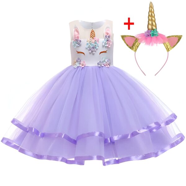 Robe de princesse licorne violette pour enfant avec corsage décoré de fleurs et serre-tête assorti avec corne dorée et oreilles pailletées. Tenue de fête féérique., 45502409638143,45502409670911,45502409703679,45502409736447,45502409769215,45502409801983,45502409834751,45502409867519 | Licorne Shop