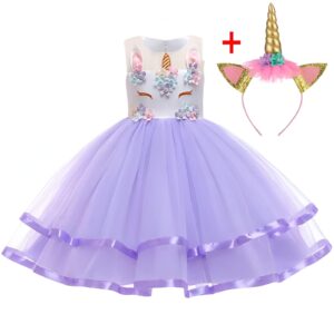 Robe de princesse licorne violette pour enfant avec corsage décoré de fleurs et serre-tête assorti avec corne dorée et oreilles pailletées. Tenue de fête féérique., 45502409638143,45502409670911,45502409703679,45502409736447,45502409769215,45502409801983,45502409834751,45502409867519 | Licorne Shop