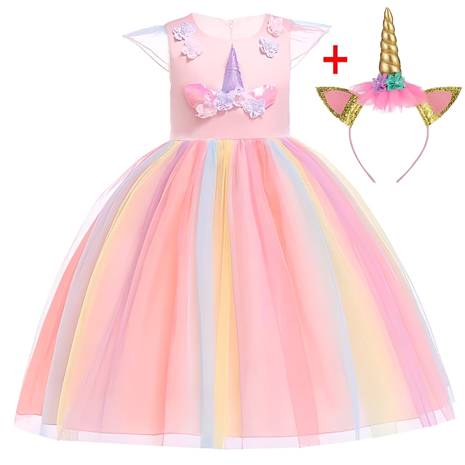Robe de princesse licorne pour fille avec tutu arc-en-ciel et bandeau assorti. Costume de déguisement pour enfants, parfait pour les fêtes d'anniversaire ou Halloween. Tenue féérique et colorée pour les petites rêveuses., 45502409310463,45502409343231,45502409375999,45502409408767,45502409441535,45502409474303,45502409507071,45502409539839 | Licorne Shop