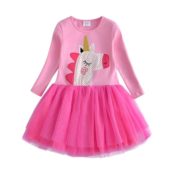 Robe rose à manches longues pour enfant avec motif d'une tête de licorne et une jupe en tulle rose. Vêtement mignon pour les petites filles., 45501342220543,45501342253311,45501342286079,45501342318847,45501342351615,45501342384383,45501342417151,45501342449919 | Licorne Shop
