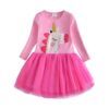 Robe rose à manches longues pour enfant avec motif d'une tête de licorne et une jupe en tulle rose. Vêtement mignon pour les petites filles., 45501342220543,45501342253311,45501342286079,45501342318847,45501342351615,45501342384383,45501342417151,45501342449919 | Licorne Shop