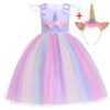Robe de princesse licorne violette avec jupe multicolore en tulle et bandeau assorti. Costume pour fête d'anniversaire, carnaval, ou Halloween., 45501330358527,45501330391295,45501330424063,45501330489599,45501330522367,45501330555135,45501330587903,45501330620671 | Licorne Shop