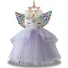 robe-licorne-tutu-deguisement-violet-1a.jpg Une robe de licorne blanche et violette avec des fleurs et des ailes arc-en-ciel.