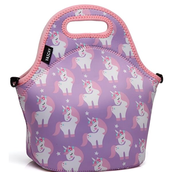 Sac à lunch violet Vaschy, motif licornes blanches et roses, bordure rose. Isotherme avec une poignée pour le transport. Idéal pour les enfants., 45501372989695 | Licorne Shop